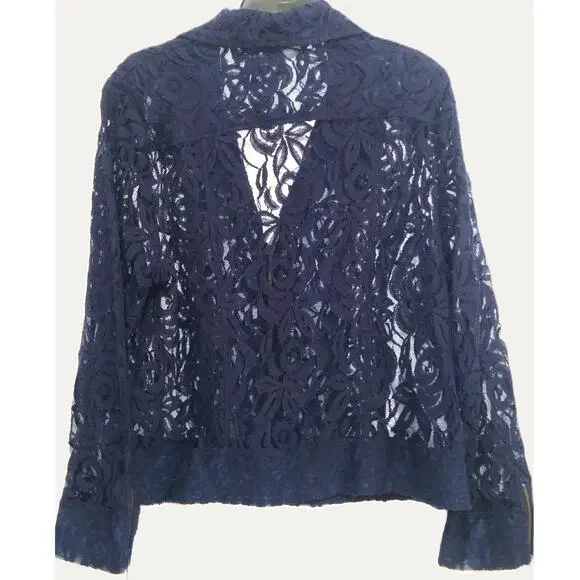 Chicos Navy Lace Moto Jacket Blue Sheer Zip Front Cuffs Long Sleeve Feminine - Picture 3 of 10